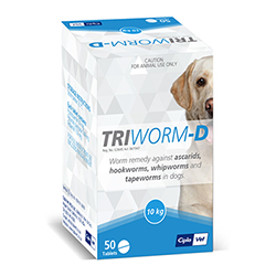 Triworm-D Dewormer for Dogs is a known worm remedy against ascarids, hookworms, whipworms and tapeworms in dogs. Buy Triworm-D Dewormer for Dogs Online at best price with free shipping in USA.