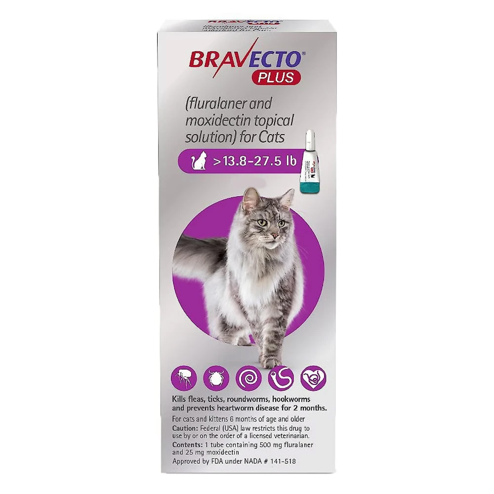 Bravecto Plus For Large Cats 500 Mg (13.75 To 27.5 Lbs) Purple 3 Doses