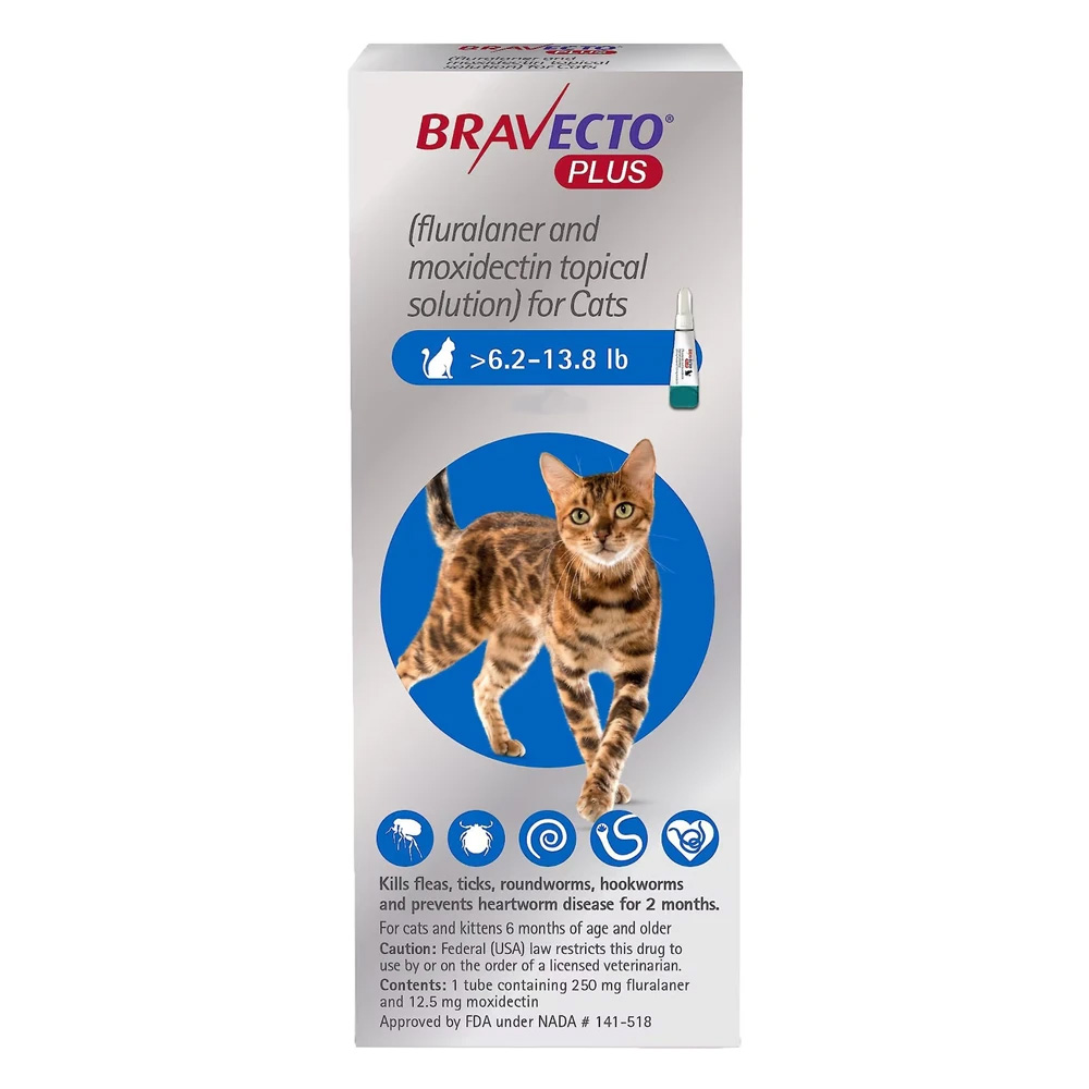 Bravecto Plus For Medium Cats 250 Mg (6.2 To 13.75 Lbs) Blue 3 Doses