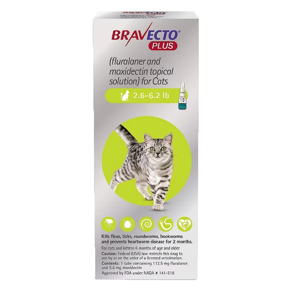 Bravecto Plus For Small Cats 112 Mg (2.6 To 6.2 Lbs) Green 3 Doses