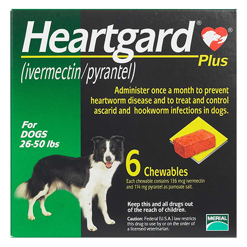 

Heartgard Plus Chewables For Medium Dogs 26-50lbs Green 6 Doses
