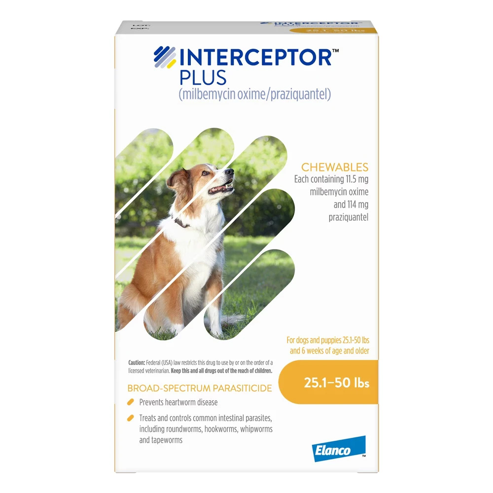 Interceptor Plus Chew (Interceptor Spectrum) For Dogs 25.1 - 50lbs (Yellow) 12 Chews