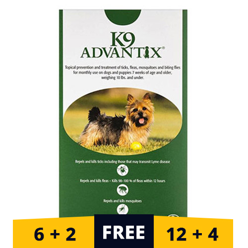 K9 Advantix Small Dogs/Pups 1-10 Lbs (Green) 6 Doses + 2 Free